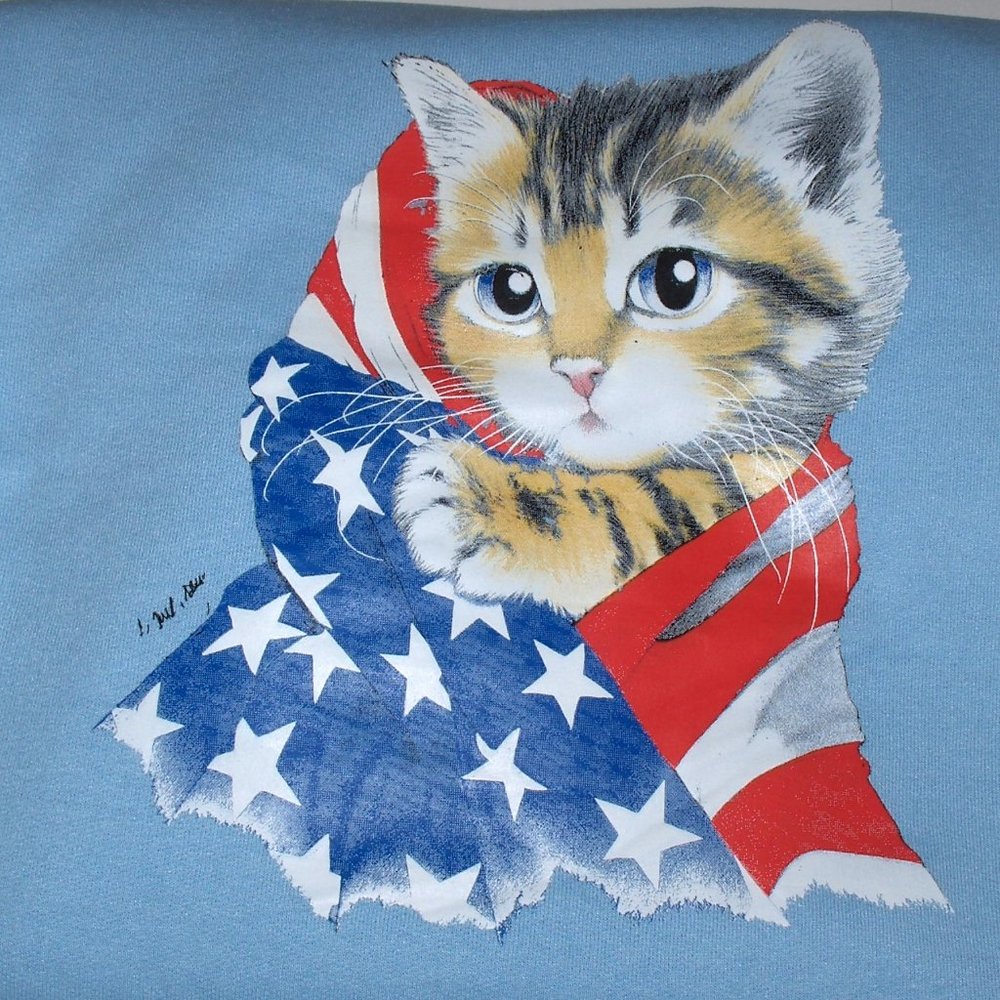 Medium Light Blue Crew Neck Sweat shirt " Patriotic  Kitten"